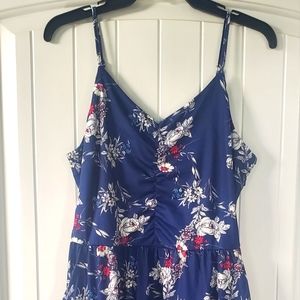 Navy/floral A-line, cotton summer dress with pockets